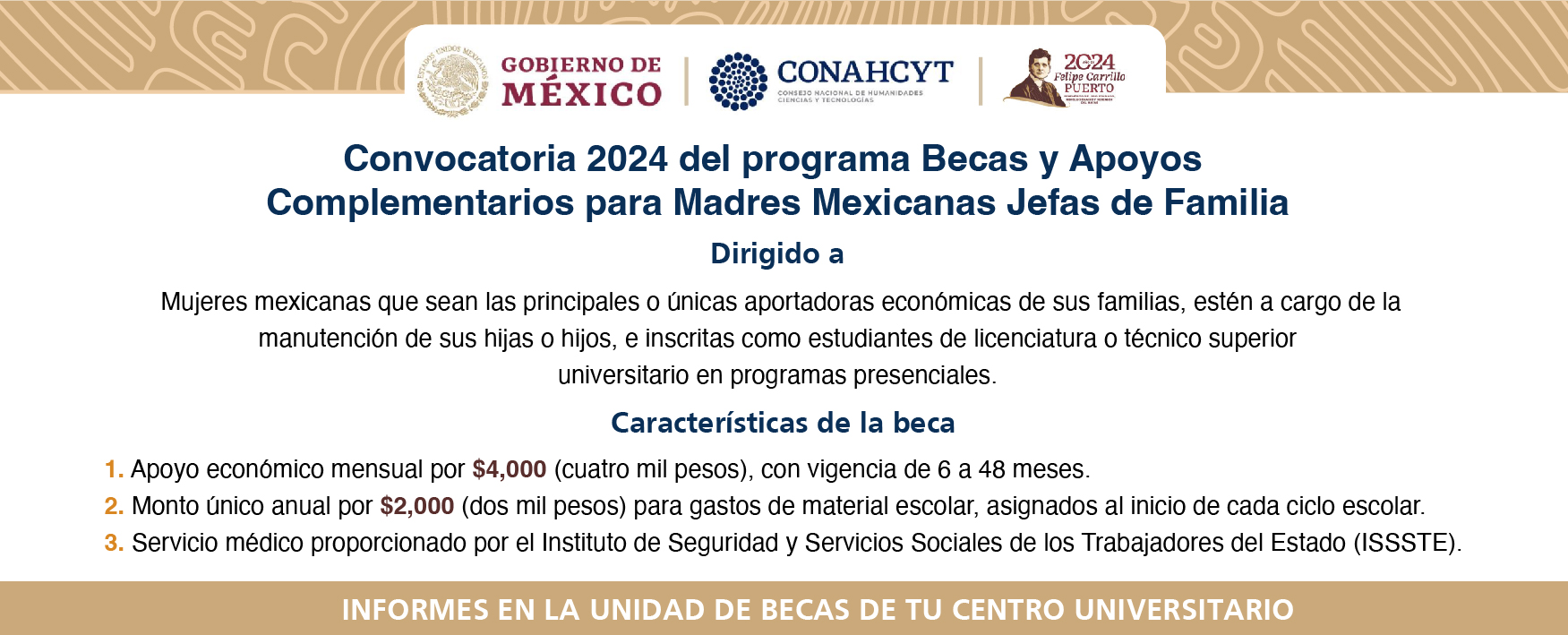 Cartel de la Convocatoria 2024 del programa Becas y Apoyos Complementarios para Madres Mexicanas Jefas de Familia