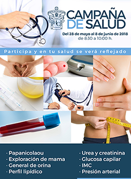 Cartel informativo de la Campaña de salud. A realizarse del 28 de mayo al 8 de junio, de 8:30 a 10:00 horas. En el Área Médica del Edificio de Rectoría General de la UdeG