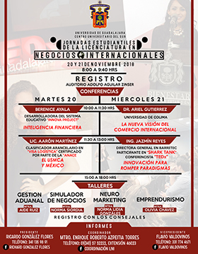 Cartel informativo sobre las Jornadas Estudiantiles de Negocios Internacionales, el 20 y 21 de noviembre, en el Auditorio Adolfo Aguilar Zínser