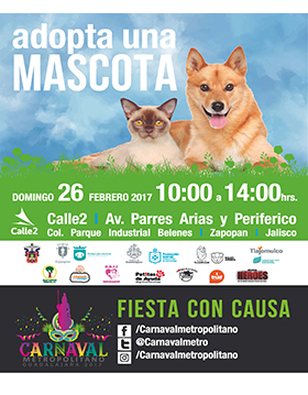 Cartel con texto de: Adopta una mascota, con fecha y lugar del evento
