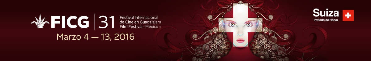 31° Festival Internacional de Cine en Guadalajara – Del 4 al 13 de marzo de 2016 Cartel oficial de la FICG 2016 con el rostro de una mujer artificial enmarcado en la bandera de Suiza