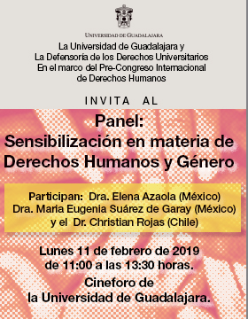 Cartel informativo sobre el Panel: Sensibilización en materia de Derechos Humanos y Género, el 11 de febrero, de 11:00 a 13:30 h. en el Cineforo Universidad