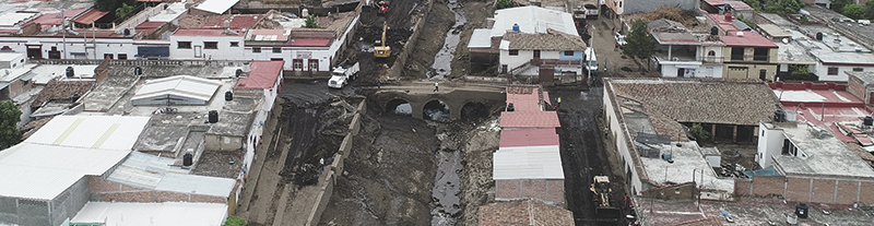 Vista panorámica de la cabecera municipal de San Gabriel, de la región Sur de Jalisco, mostrando los desastres provocados por la avalancha de lodo del pasado 2 de junio