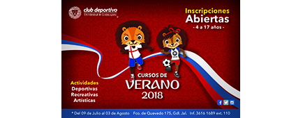 Cartel informativo sobre los Cursos de verano 2018, Del 9 de julio al 3 de agosto en el Club Deportivo de la Universidad de Guadalajara