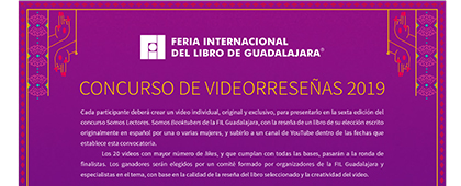 Cartel informativo del Concurso de videorreseñas 2019. Fecha límite de participación 19 de julio. Invitan la Universidad de Guadalajara y la Feria Internacional de Libro