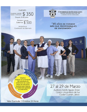 Cartel informativo de las 31 Jornadas de Enfermería 2019. A realizarse del 27 al 29 de marzo, en el auditorio Adolfo Aguilar Zinser del CUSur.