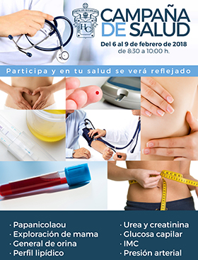 Cartel de invitación y  alusivo a la Campaña de salud en el Edificio de Rectoría. Exámenes de Papanicolau, exploración de mama, general de orina, perfil lipídico, urea y creatinina, glucosa capilar, IMC y presión arterial. Evento a realizarse del 6 al 9 de febrero, de 8:30 a 10:00 horas en planta baja del edificio de Rectoría General. Resultados el mismo día. Se proporciona número de teléfono para mayores informes.
