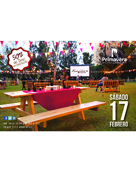 Cartel alusivo y de invitación a la Función al aire libre. Evento a realizarse el 17 de febrero, en el Hotel Villa Primavera. Se recomienda aprovechar el descuento del 50% en habitación; así como se proporciona número telefónico para mayores informes.