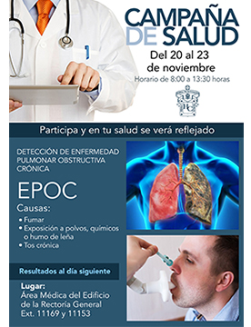 Cartel informativo sobre la Campaña de salud, Del 20 al 23 de noviembre, de 8:00 a 13:30 h. en el Área Médica del Edificio de Rectoría General