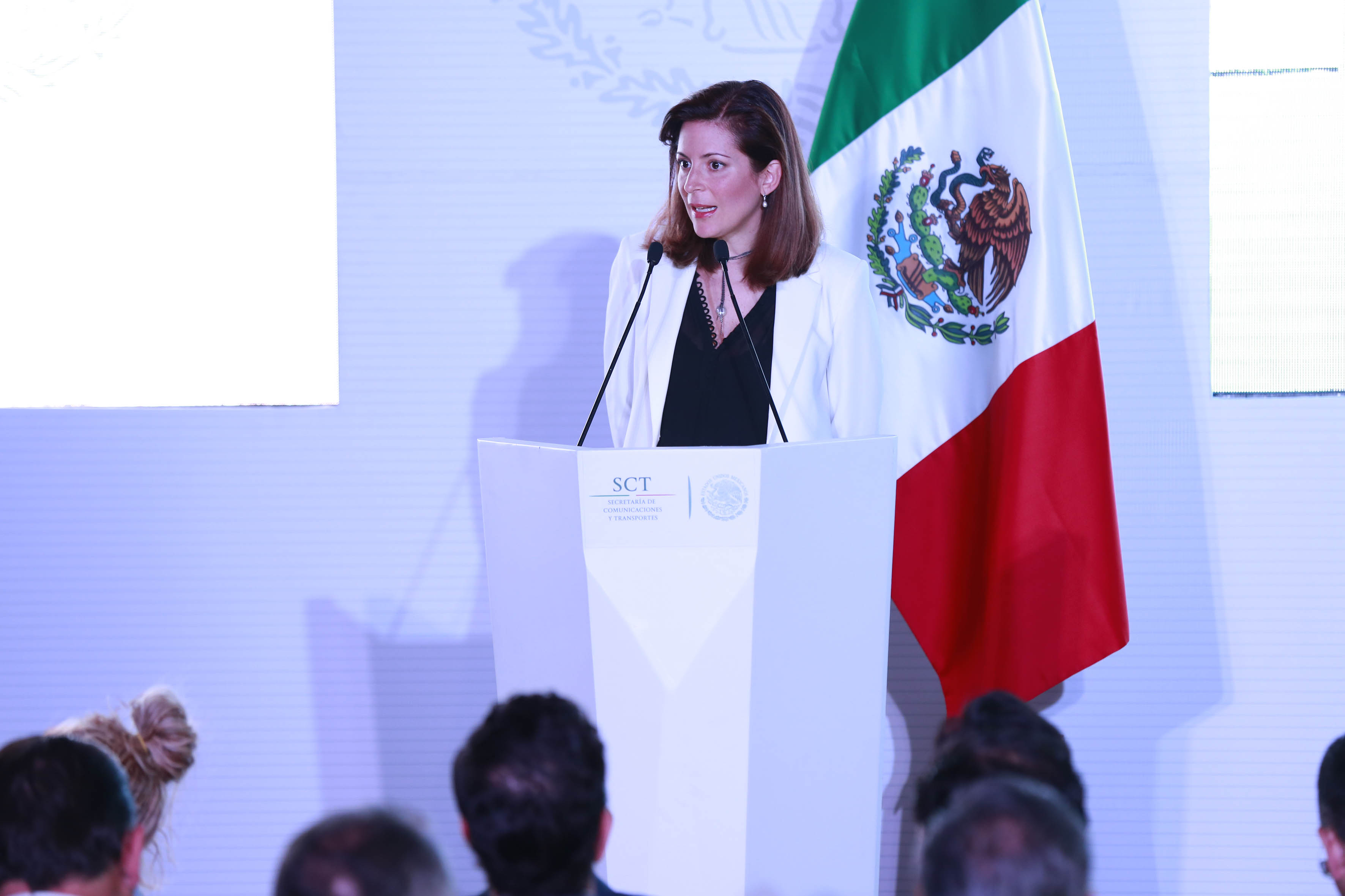 Mónica Aspe Bernal, subsecretaria de Comunicaciones y Transportes, frente al micrófono 