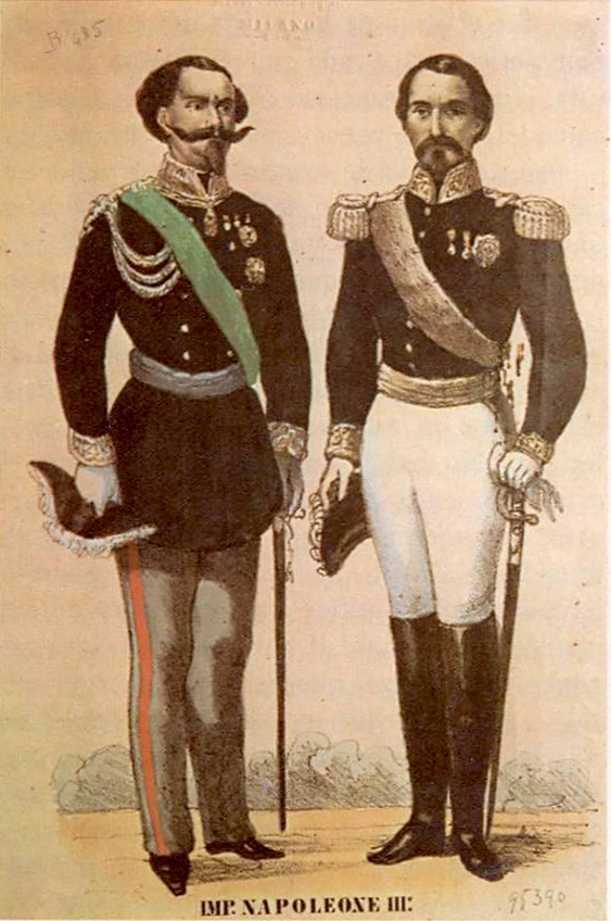 Litografía de la época. Napoleón III, emperador de Francia y Víctor II, rey de Italia