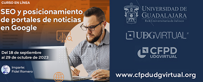 Cartel de Curso en línea: SEO y posicionamiento de portales de noticias en Google