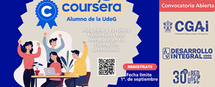 Cartel de la convocatoria abierta Coursera para alumnos de la UdeG