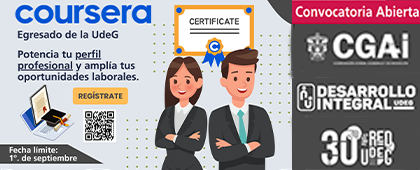 Cartel de la Convocatoria abierta Coursera para egresados de la UdeG