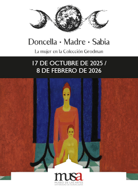 Banner de la Exposición: Doncella • Madre • Sabia. La mujer en la colección Grodman
