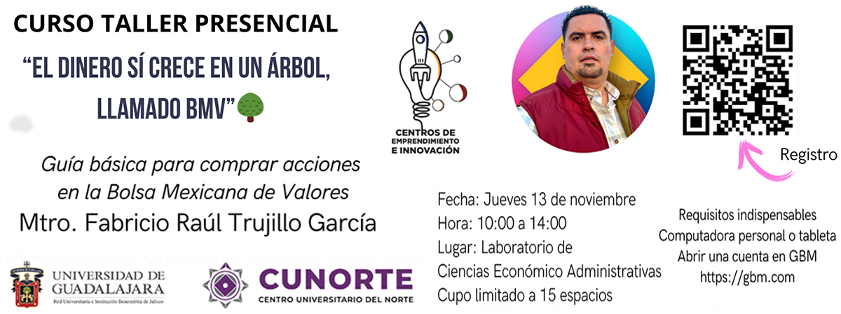 Cartel de la Guía básica para comprar acciones en la Bolsa Mexicana de Valores. Imparte: maestro Fabricio Raúl Trujillo García