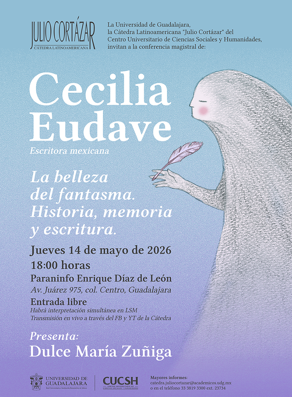 Banner de la Cátedra Latinoamericana Julio Cortázar con la escritora mexicana Cecilia Eudave