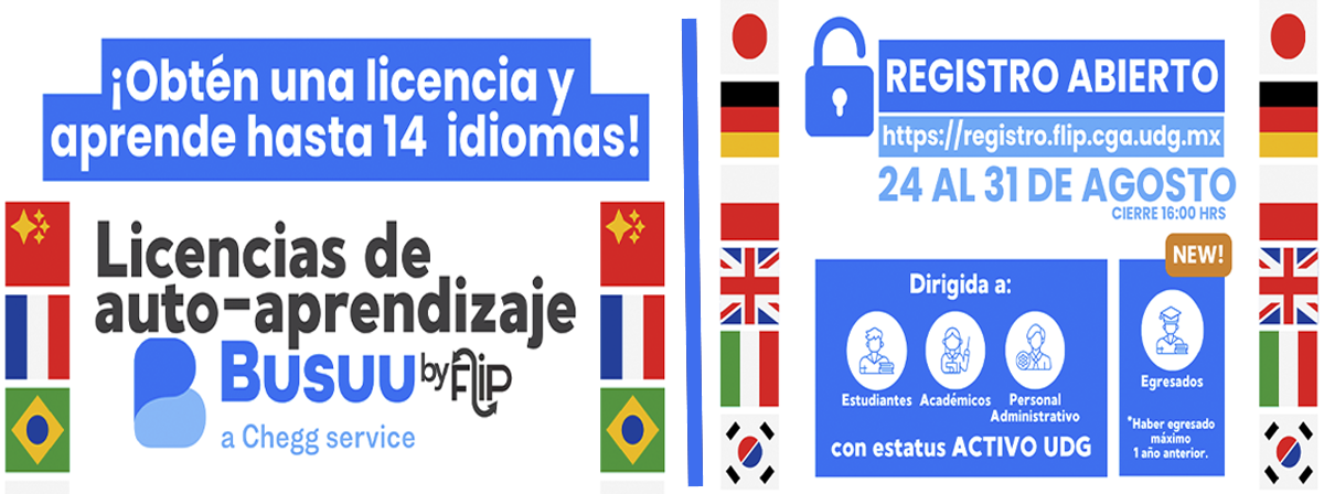 Cartel de ¡Obtén una licencia y aprende hasta 14 idiomas! Licencias de auto-aprendizaje BUSUU by Flip