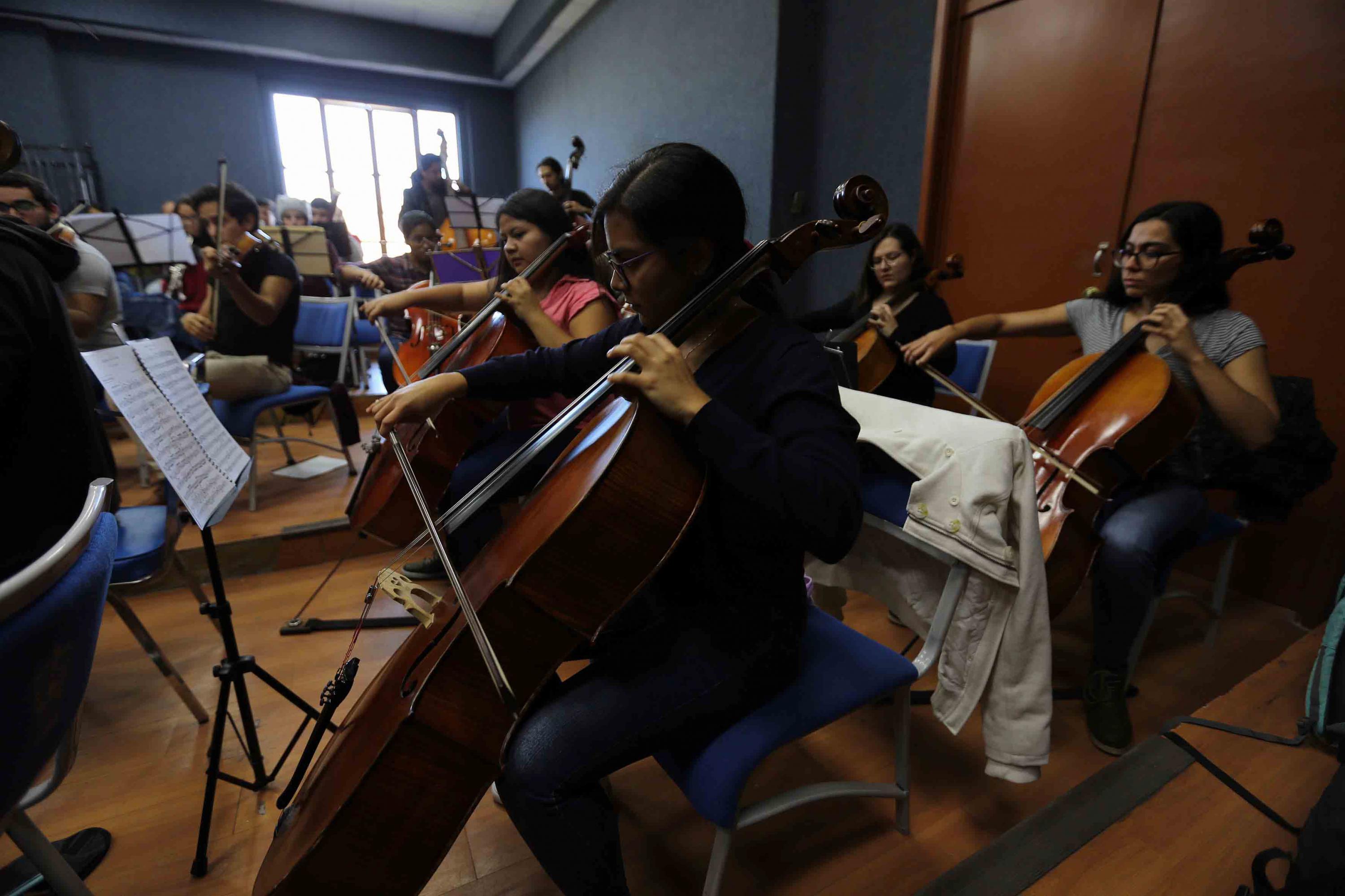 Cuatro violoncelistas de Orquesta Sinfónica de la UdeG durante el ensayo 