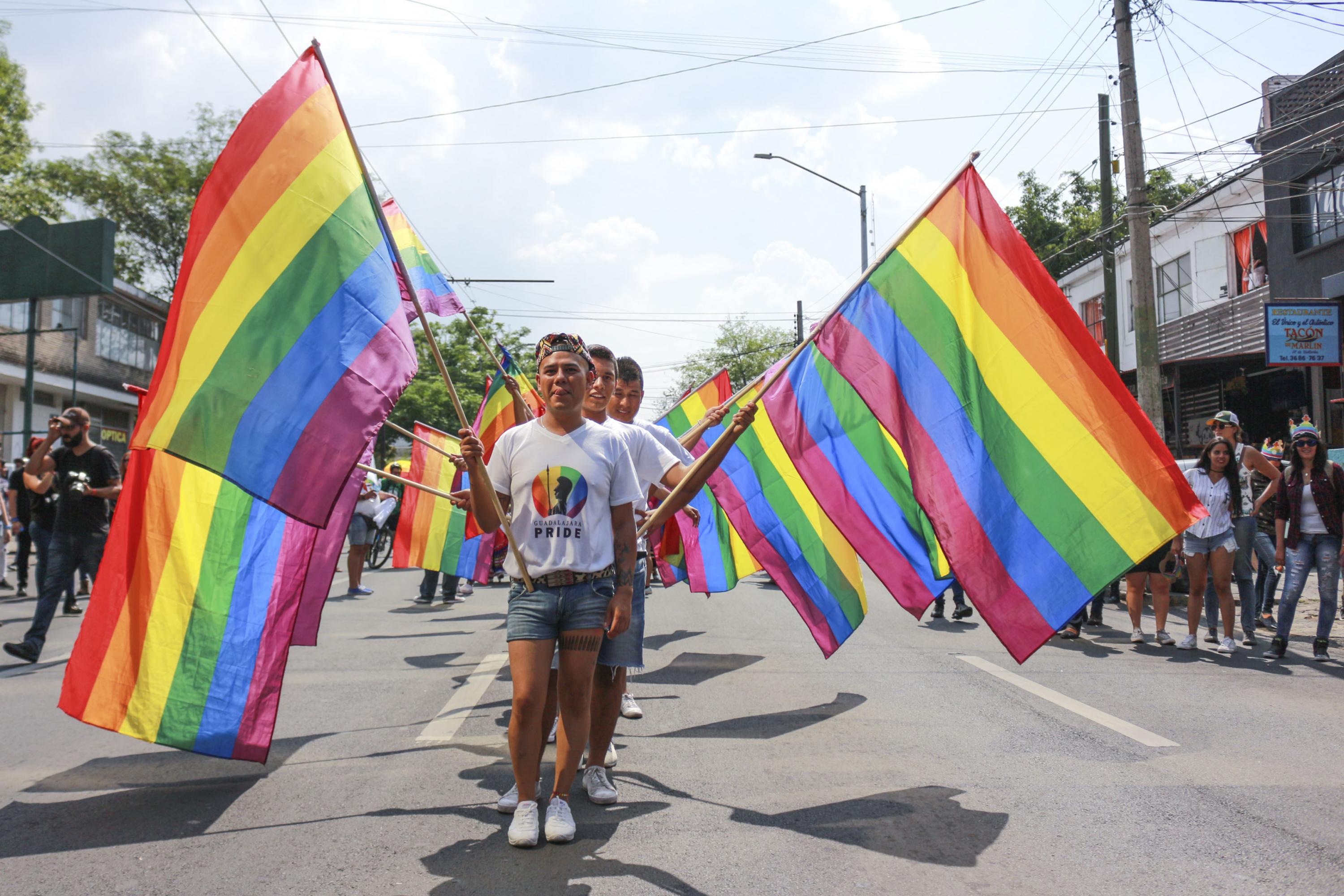 Comunidad LGBT+ participando en una marcha, con las banderas representativas.