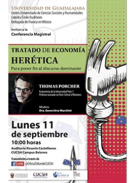 Cartel de la Conferencia magistral Tratado de economía herética para poner fin al discurso dominante