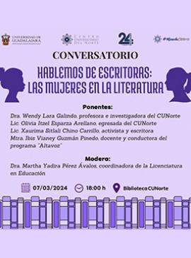 Cartel del Conversatorio: "Hablemos de escritoras: Las mujeres en la literatura"
