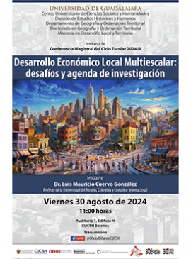 Cartel de la Conferencia magistral del ciclo escolar 2024-B de la Maestría en Desarrollo Local y Territorio Cartel de la Conferencia magistral del ciclo escolar 2024-B de la Maestría en Desarrollo Local y Territorio