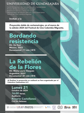 Cartel de la Proyección doble de cortometrajes, en el marco de la edición 2024 del Festival de Cine Colombia Migrante