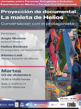 Cartel de la Proyección del documental: La maleta de Helios. Conversación con el protagonista Cartel de la Proyección del documental: La maleta de Helios. Conversación con el protagonista