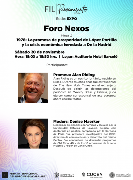 Cartel del Foro Nexos. Mesa 2: "1978: La promesa de prosperidad de López Portillo y la crisis económica heredada a De la Madrid" Cartel del Foro Nexos. Mesa 2: "1978: La promesa de prosperidad de López Portillo y la crisis económica heredada a De la Madrid"