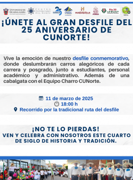 Cartel de ¡Únete al gran desfile del 25 aniversario de CUNorte! Cartel de ¡Únete al gran desfile del 25 aniversario de CUNorte!