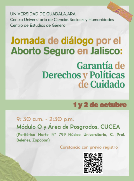 Cartel de la Jornada de diálogo por el Aborto Seguro en Jalisco