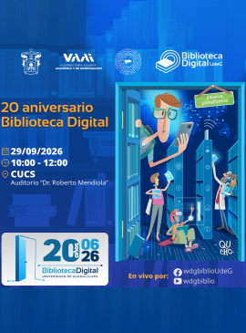 Cartel del 20 aniversario de la Biblioteca Digital de la Universidad de Guadalajara