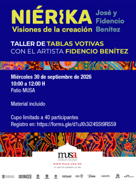 Cartel del Taller de tablas votivas con el artista Fidencio Benítez