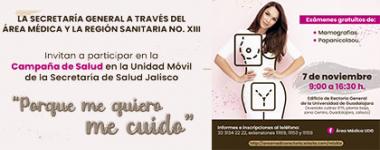 Cartel de la Campaña de salud en la Unidad Móvil de la Secretaría de Salud Jalisco Porque me quiero me cuido