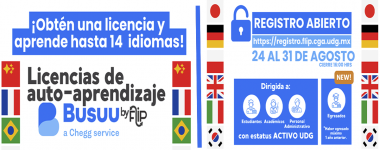 Cartel de ¡Obtén una licencia y aprende hasta 14 idiomas! Licencias de auto-aprendizaje BUSUU by Flip
